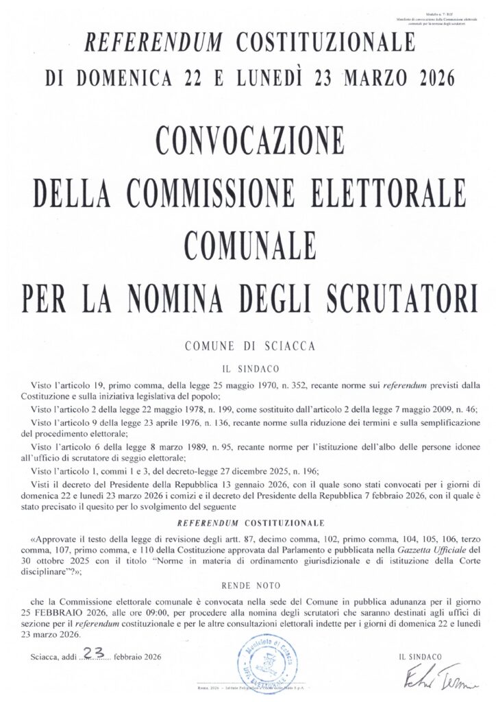 Referendum costituzionale confermativo del 22 e 23 marzo 2026. Convocazione Commissione Elettorale Comunale per la nomina degli Scrutatori.